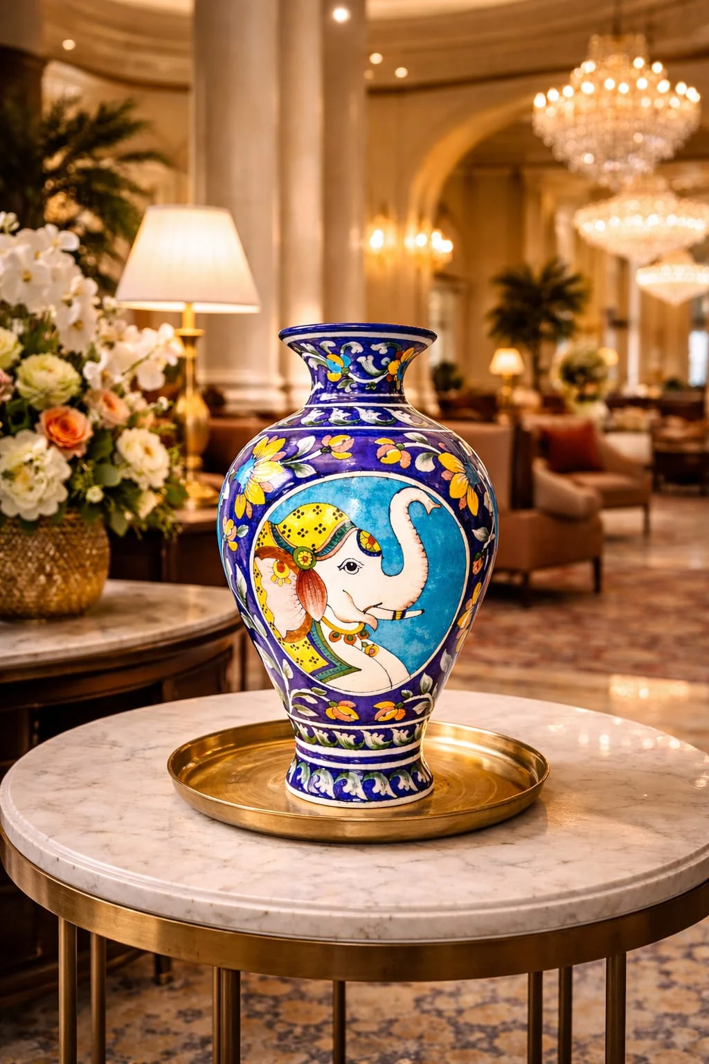 Radha Krishna Panel Vase — handmade Jaipur blue pottery from the Vases & Urns collection