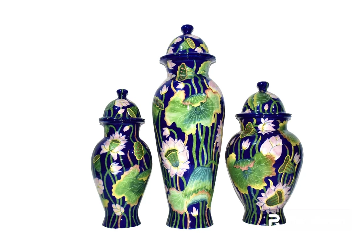 Indigo Lotus Urn Trio — handmade Jaipur blue pottery from the Vases & Urns collection