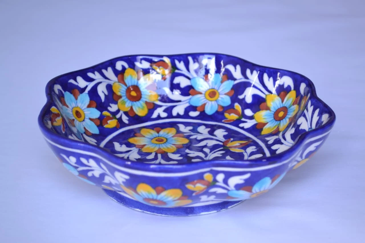Cobalt Blossom Scalloped Bowl — handmade Jaipur blue pottery from the Serving & Tableware collection