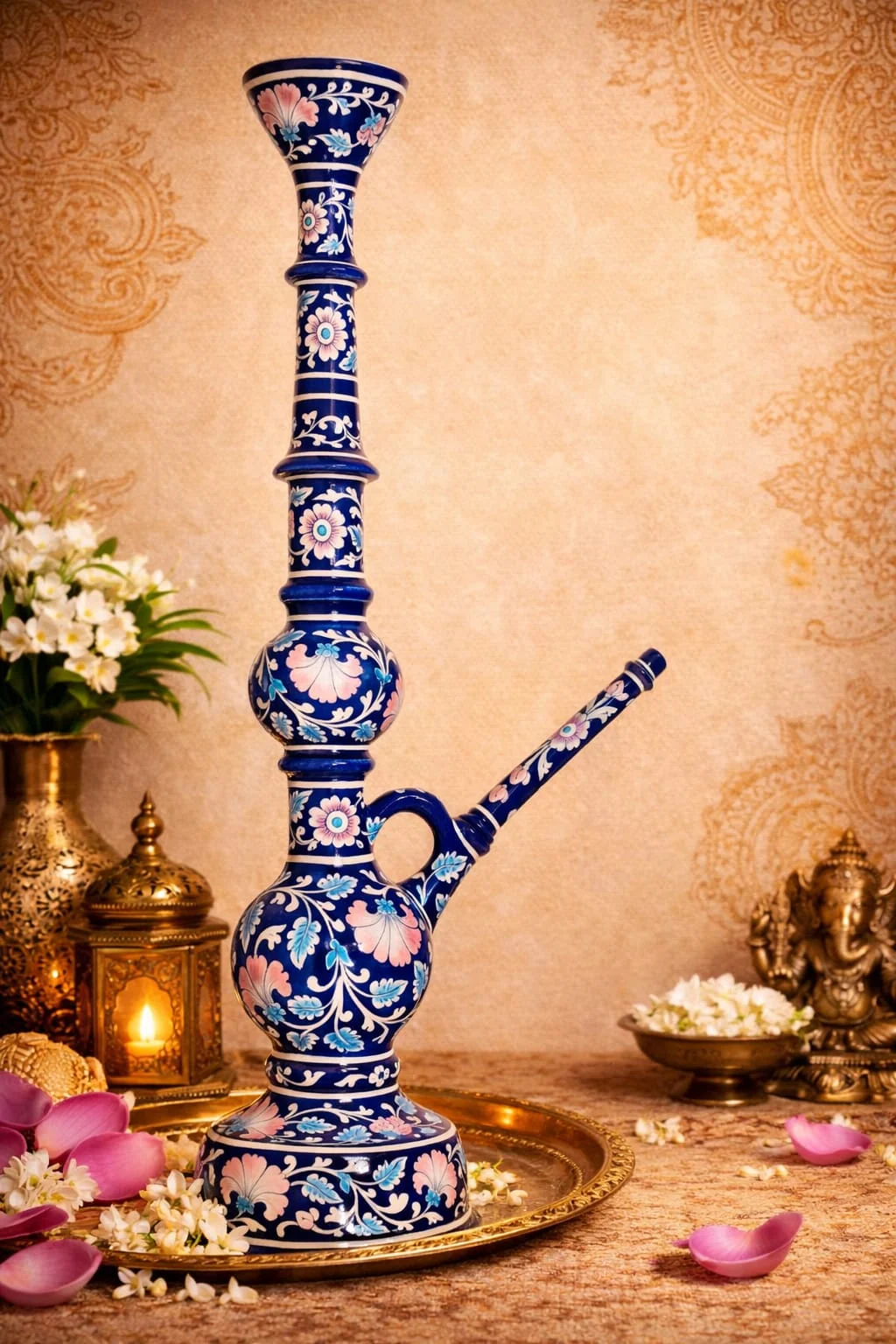 Cobalt Floral Hookah — handmade Jaipur blue pottery from the Utility Products collection