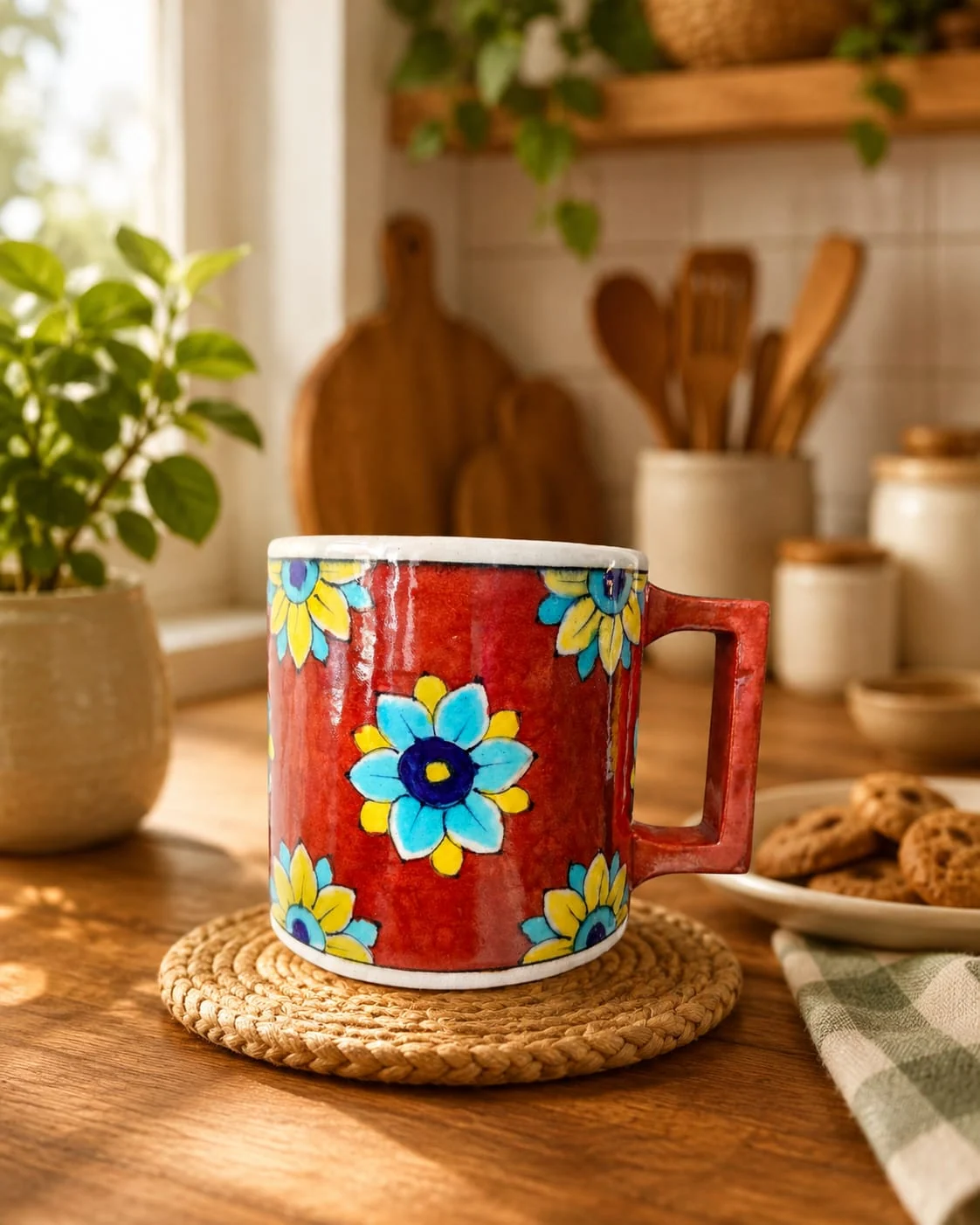 Vermilion Sunflower Mug — handmade Jaipur blue pottery from the Mugs & Cups collection