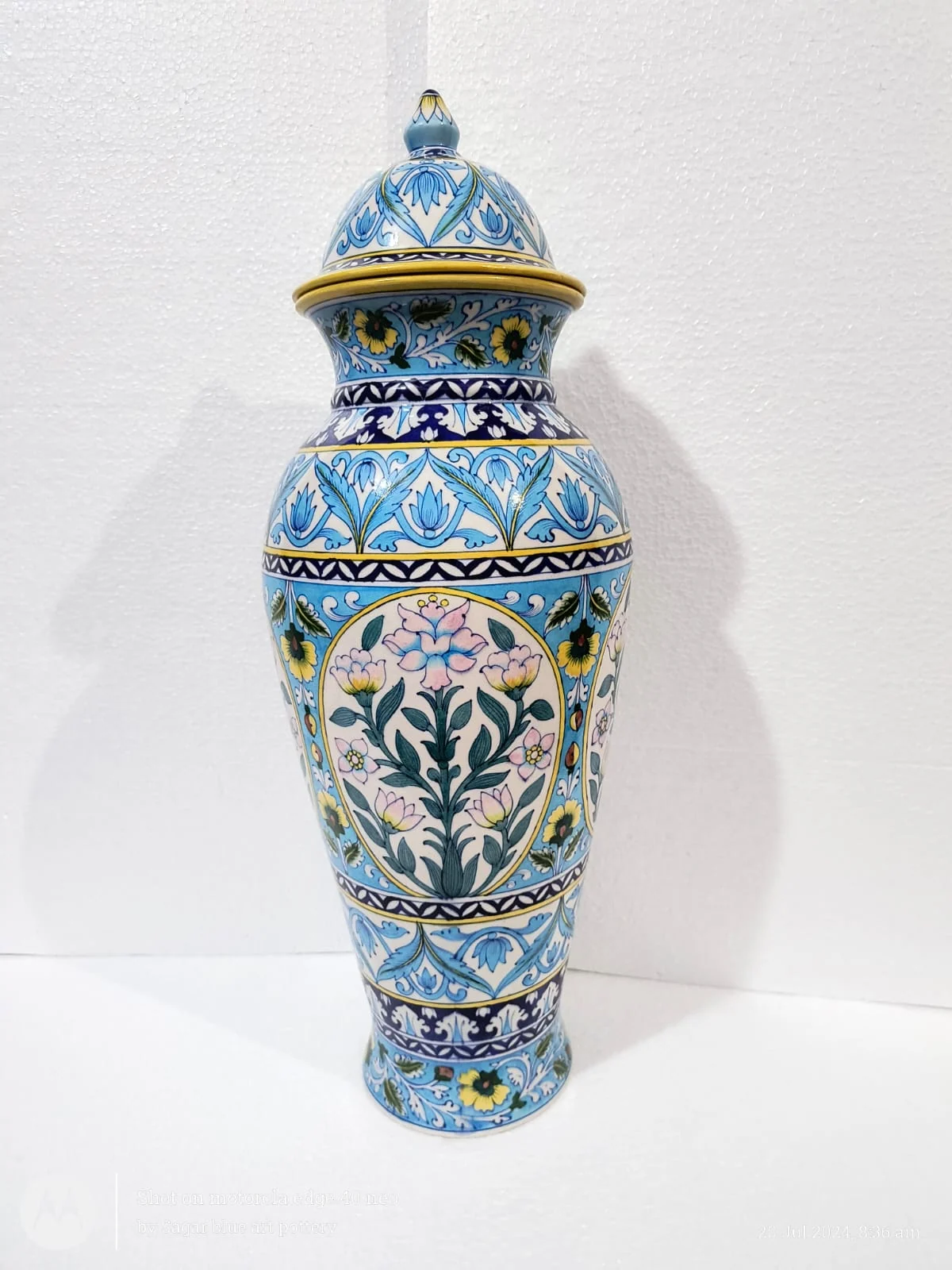 Turquoise Lotus Lidded Urn — handmade Jaipur blue pottery from the Vases & Urns collection