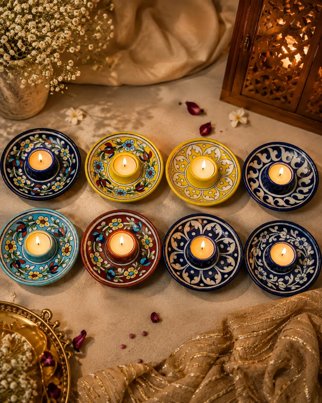 Diyas & Candle Holders — handmade Jaipur blue pottery