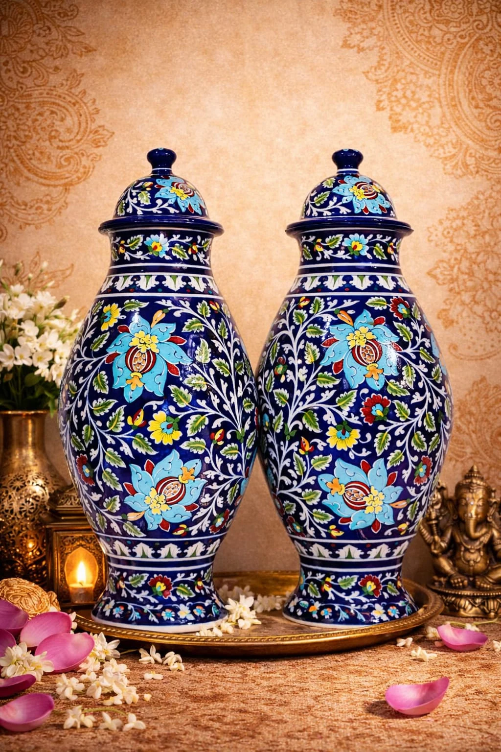 Pair of Blue Blossom Urns — handmade Jaipur blue pottery from the Vases & Urns collection