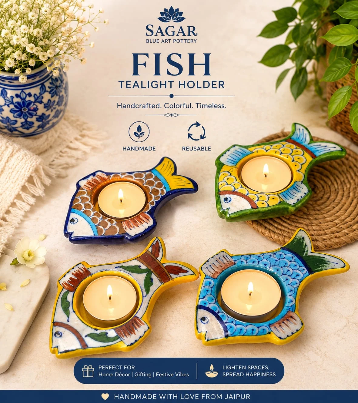 Fish Tealight Holder — handmade Jaipur blue pottery from the Diyas & Candle Holders collection