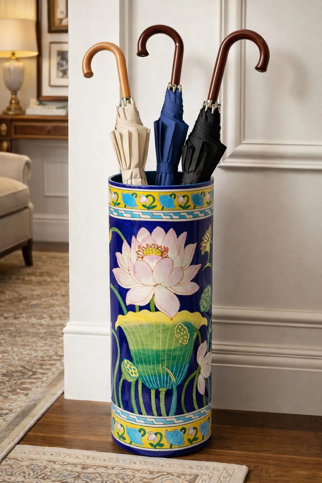 Lotus Umbrella Stand — handmade Jaipur blue pottery from the Home Decor collection
